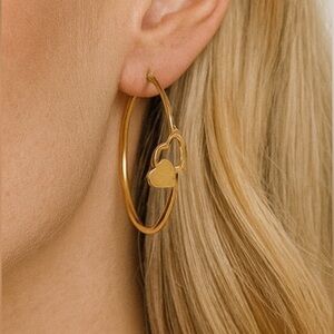 14K Genuine Gold Hoop Earrings, Two Hearts, Signed